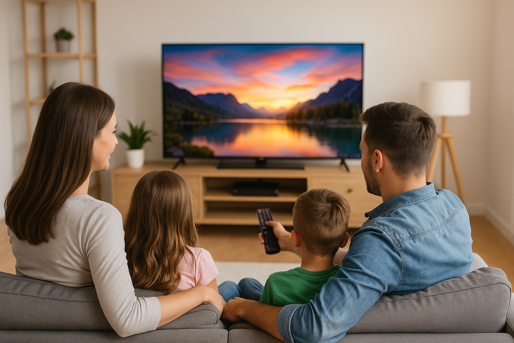 o familie uitându se la tv în living